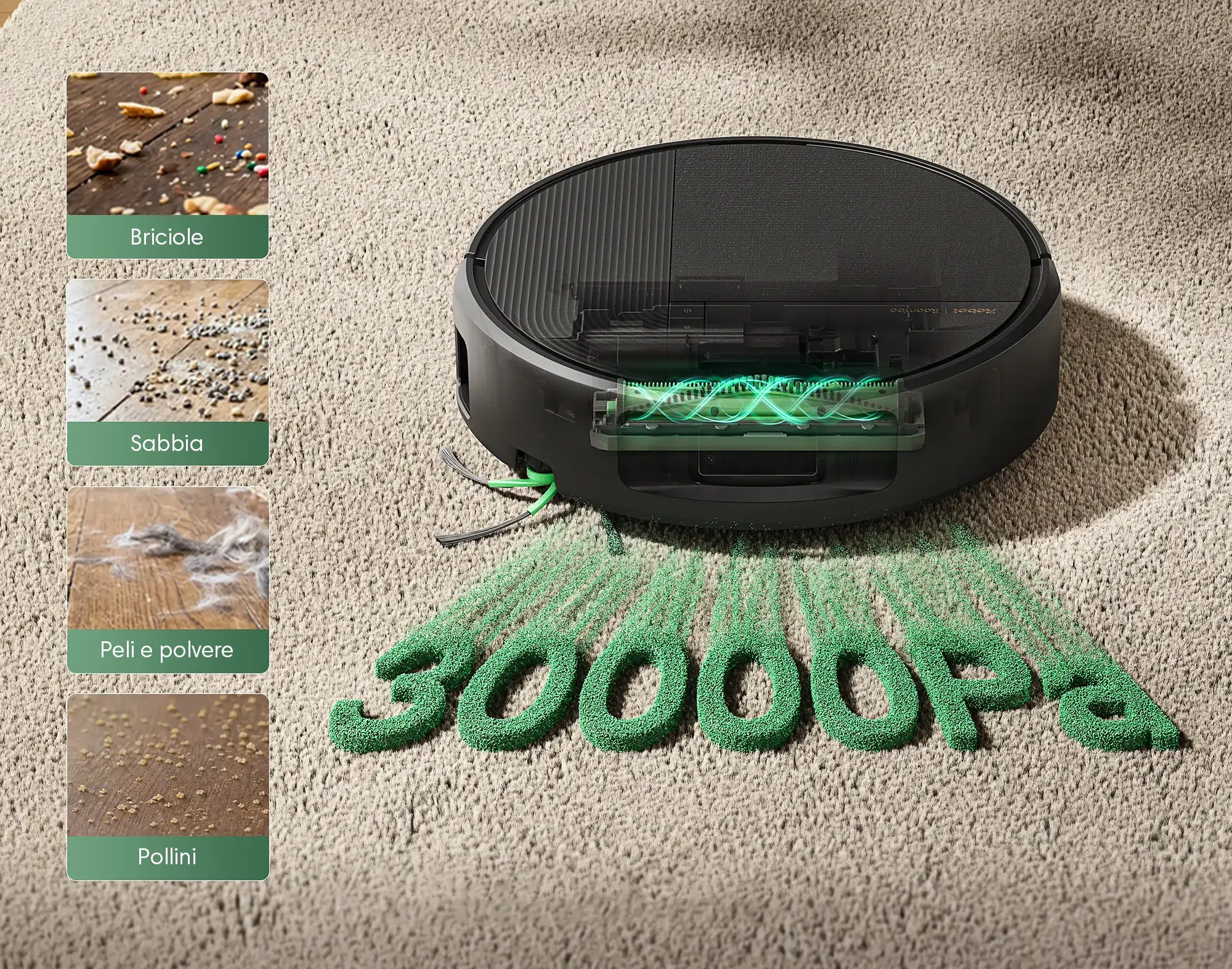 Roomba mentre aspira su un pavimento